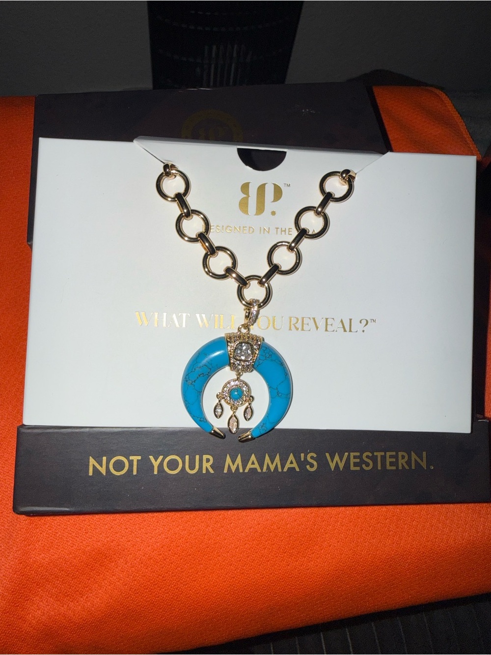 Gold-Tone Necklace with Turquoise Crescent Pendant